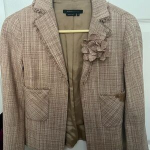 Tweed camel/beige, jacket w/matching floral pin. Note stain on the pocket.